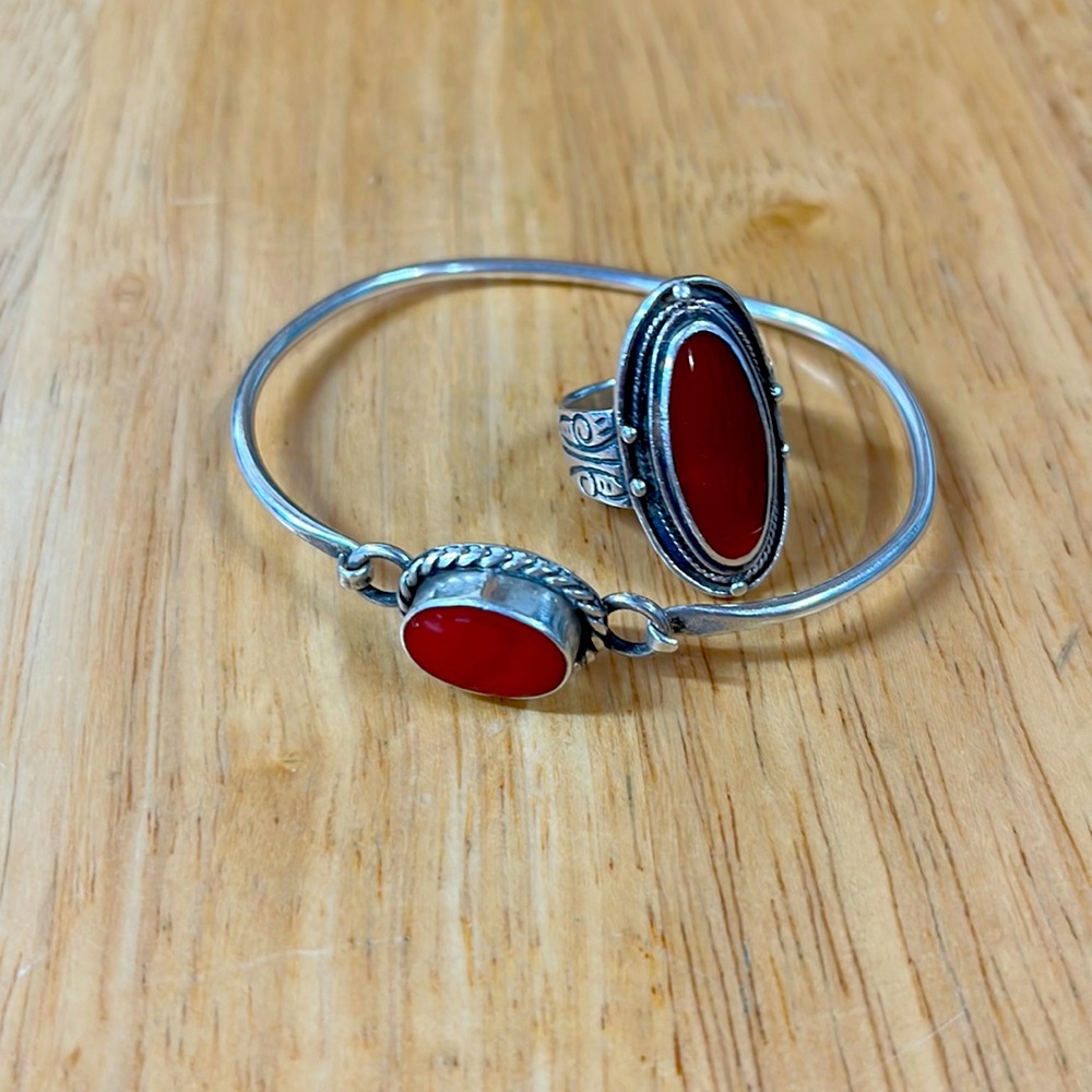 Sterling Silver & Red Stone Set
